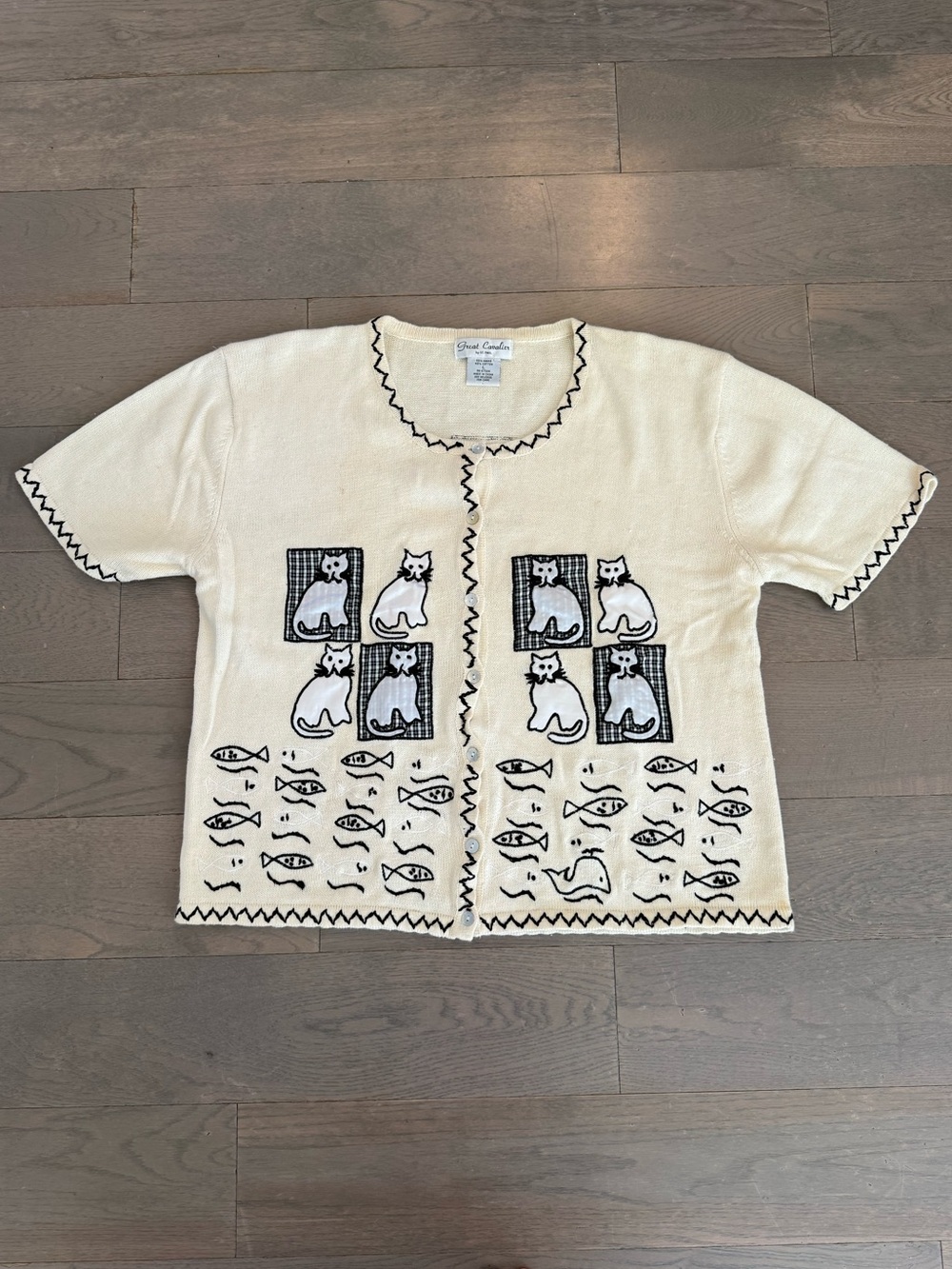 St. John Short Sleeve Cardigan with Black Cat & Fish Embroidery